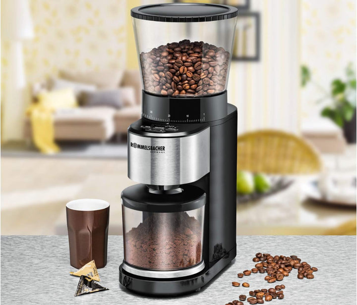 ROMMELSBACHER Kaffeemühle EKM 500 - Kegelmahlwerk, Präzisions-Waage, Halterung für Siebträger, Mahlg