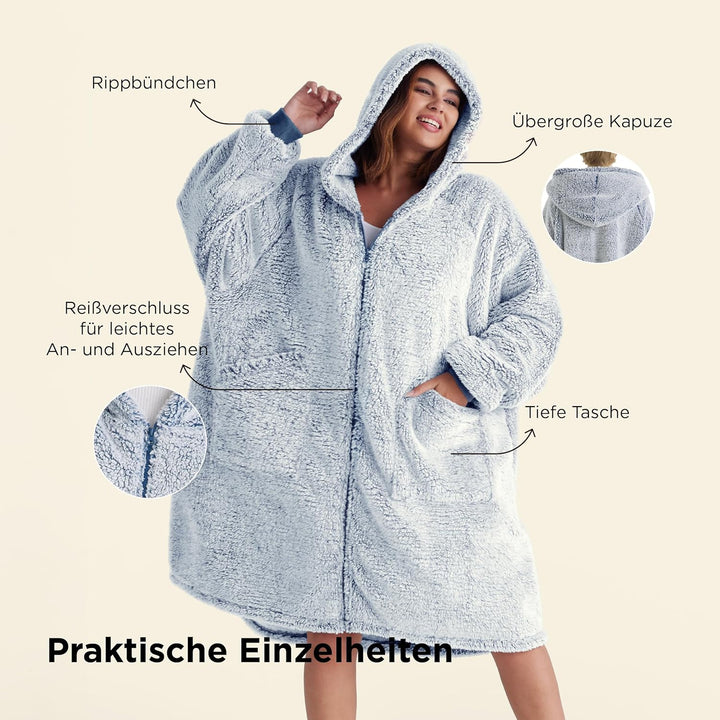 BEDSURE Hoodie Decke mit Ärmeln - Sherpa Deckenpullover mit Reissverschluss und Kapuze Blau, Tragbar
