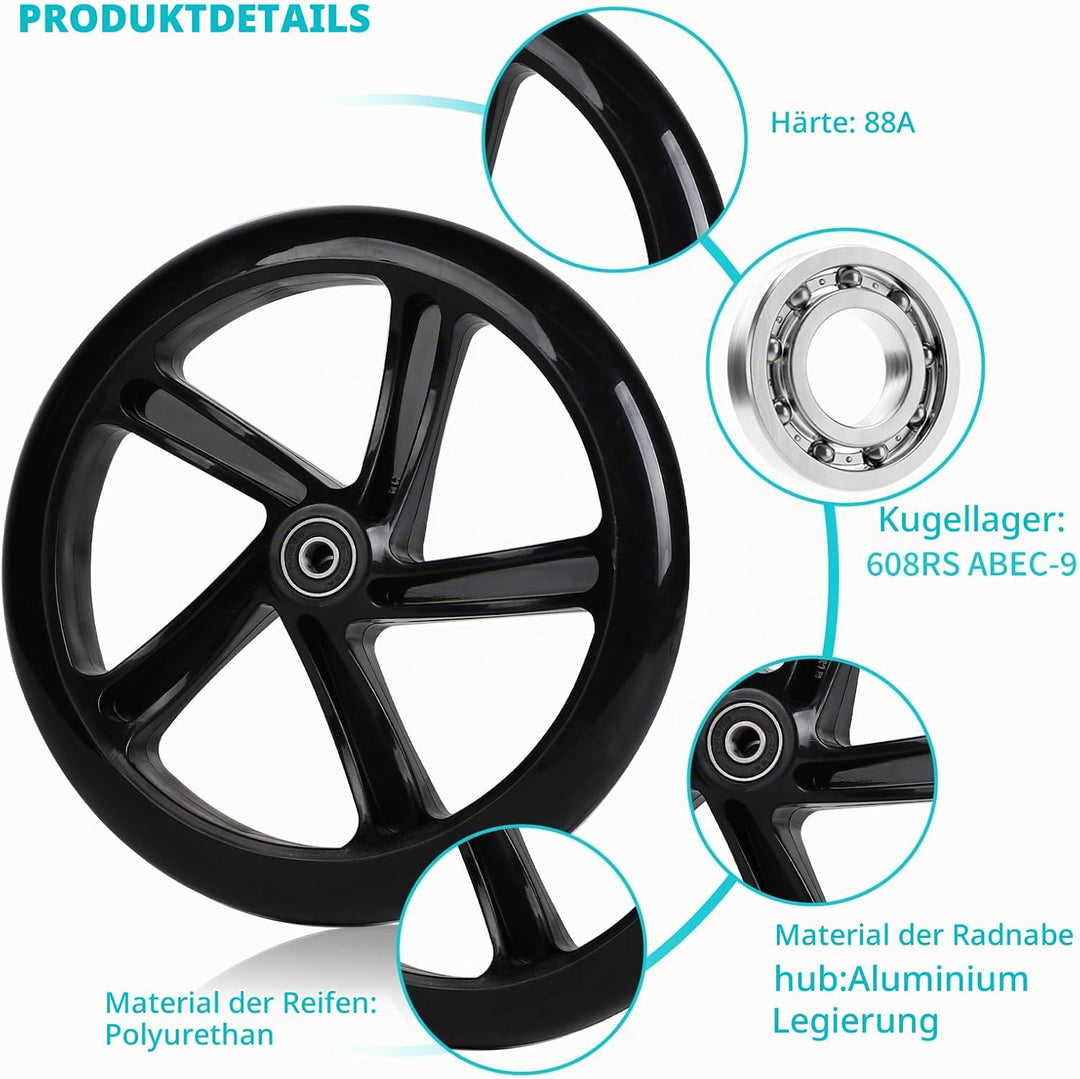 2 Stück Scooter Ersatzräder 200mm Rollen mit ABEC 9 Kugellager Härte 88A Geeignet für alle Roller (S