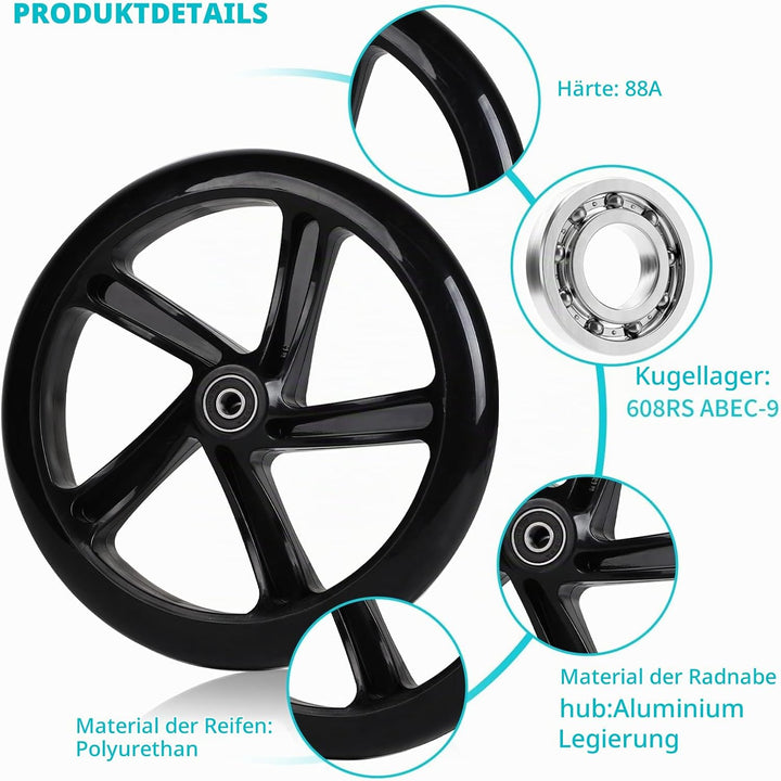 2 Stück Scooter Ersatzräder 200mm Rollen mit ABEC 9 Kugellager Härte 88A Geeignet für alle Roller (S