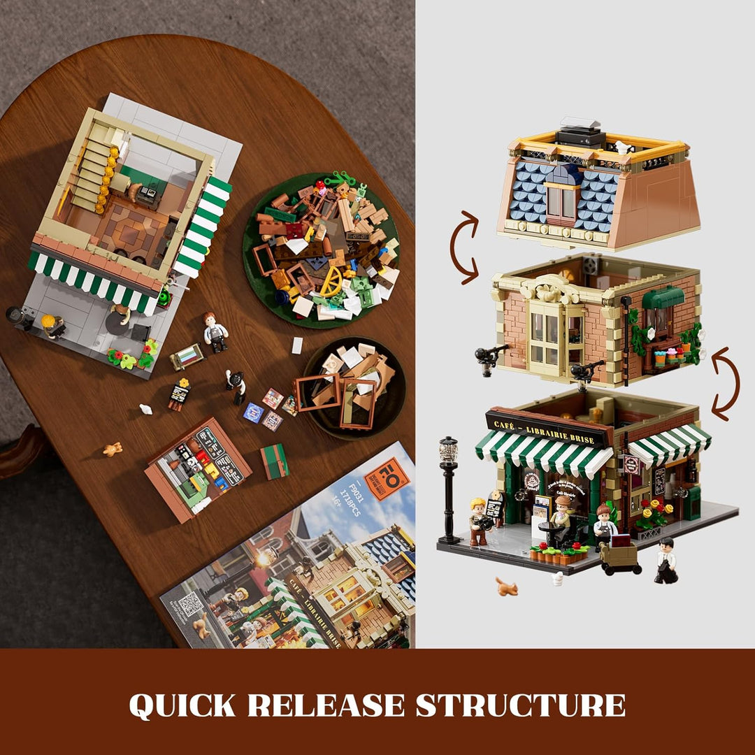 Funwhole Buchcafé Beleuchtetes Baukasten Set - Stadtkaffeehaus LED Licht Modularer BAU Modellsets 17