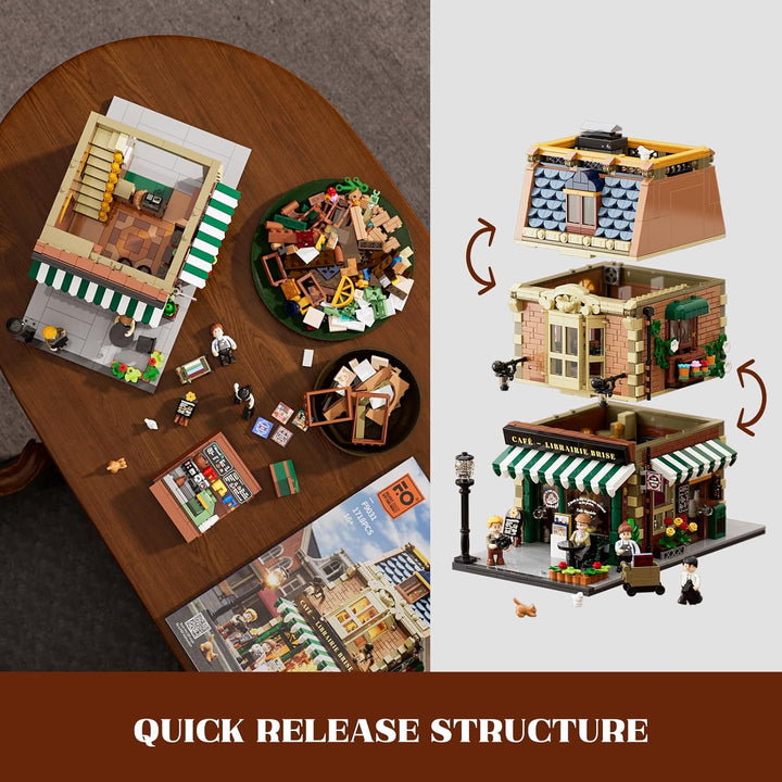 Funwhole Buchcafé Beleuchtetes Baukasten Set - Stadtkaffeehaus LED Licht Modularer BAU Modellsets 17