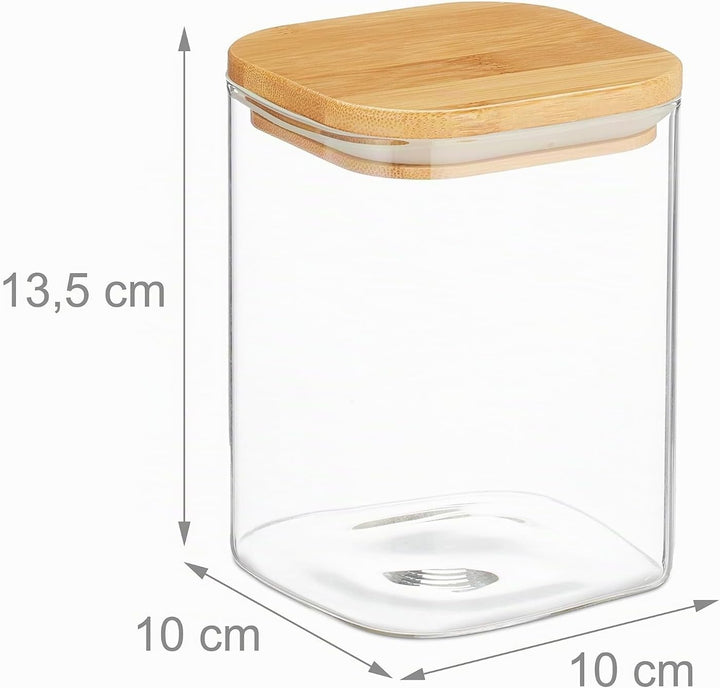 Relaxdays Vorratsgläser mit Bambusdeckel, 3er Set, eckige Vorratsdosen aus Glas, 900 ml, luftdicht,