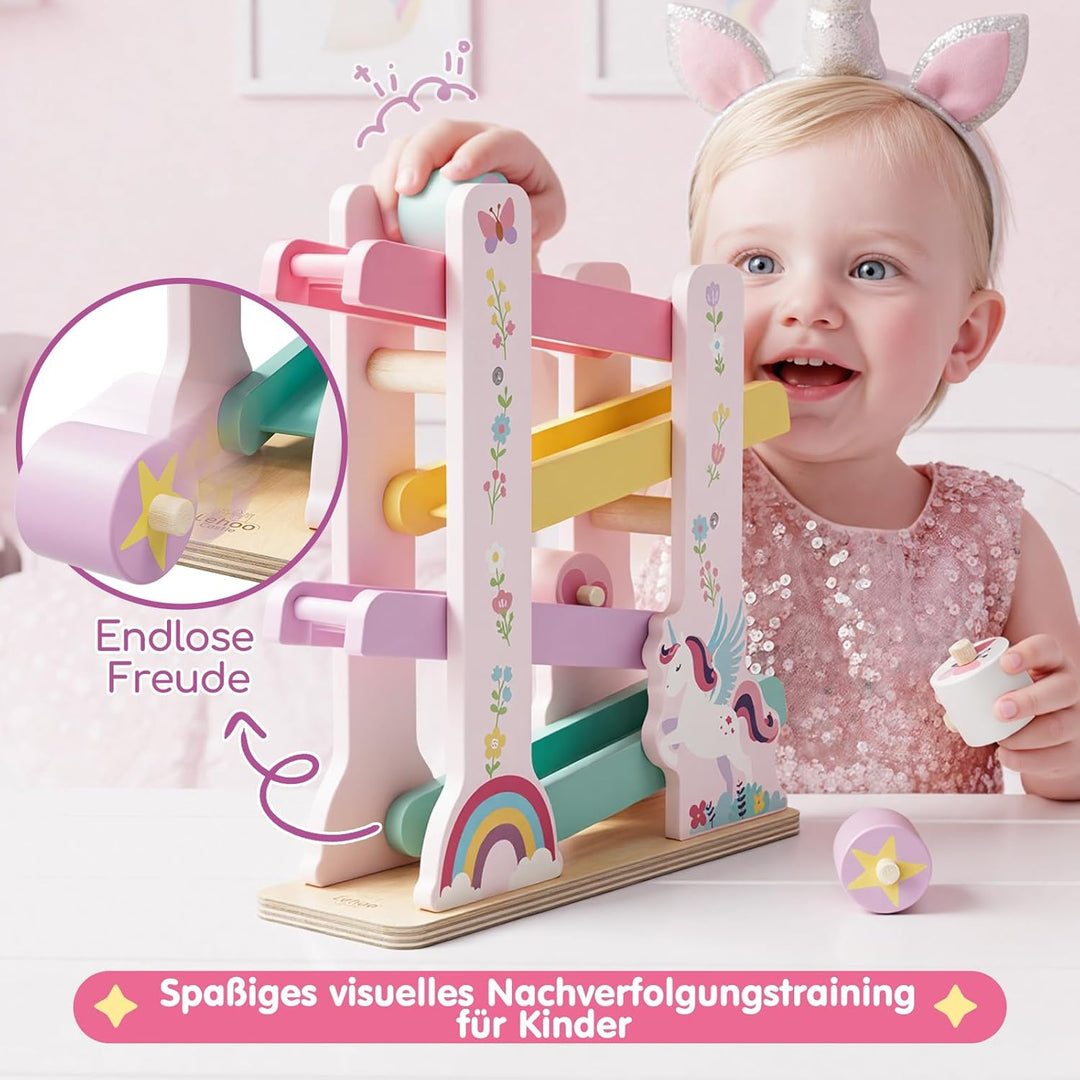 Lehoo Castle Kugelbahn Holz ab 1 Jahr, Einhorn Holz Kugelbahn, Montessori Spielzeug ab 1 Jahr, Holzs