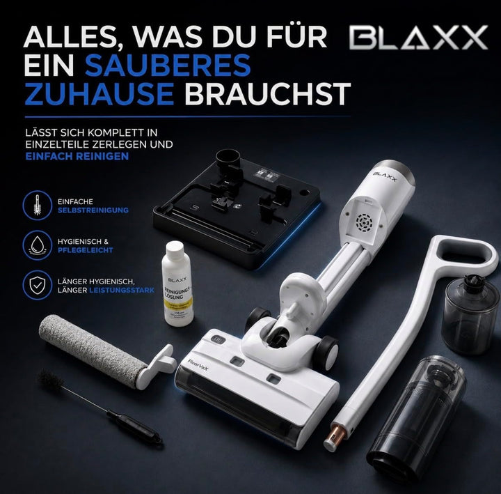 BLAXX Nass Trockensauger FloorVaX | Kabelloser Staubsauger mit Wischfunktion | 180° Lay-Flat | Selbs