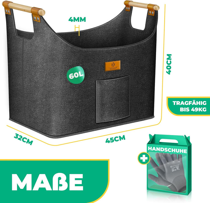 KESSER® Brennholzkorb 60 Liter | Kaminholztasche extra dicker Filz | Feuerholzkorb faltbar mit verst