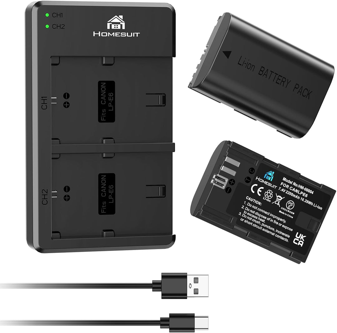 Homesuit LP-E6 LP-E6N Akku und USB Dual Ladegerät für Canon 5D Mark II III IV, 5Ds, 6D, 70D, 80D und