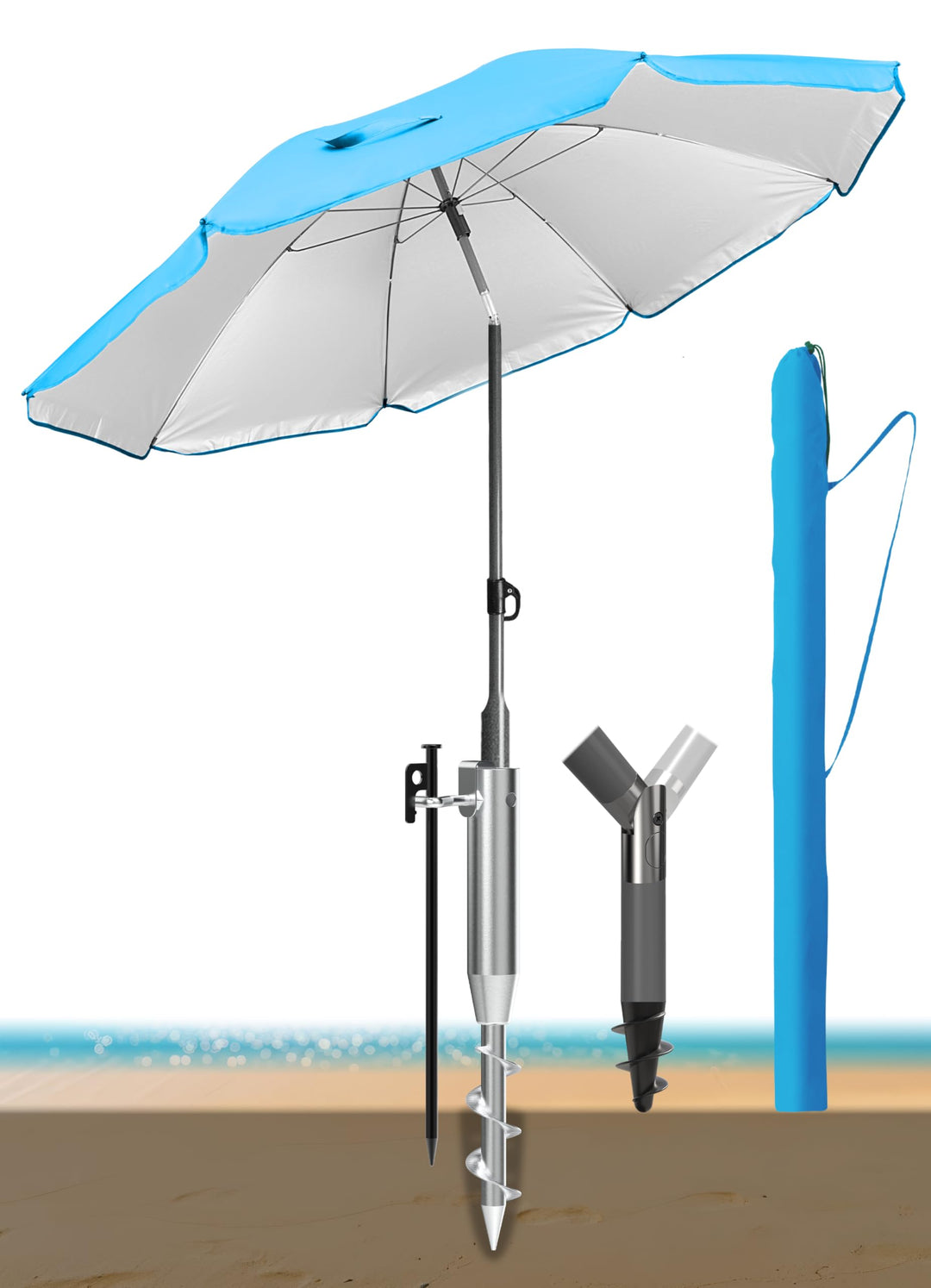 4smile Sonnenschirm Strand Ø 200 cm mit Eindrehbodenhülse, Blau | Strandschirm windfest stabil mit E