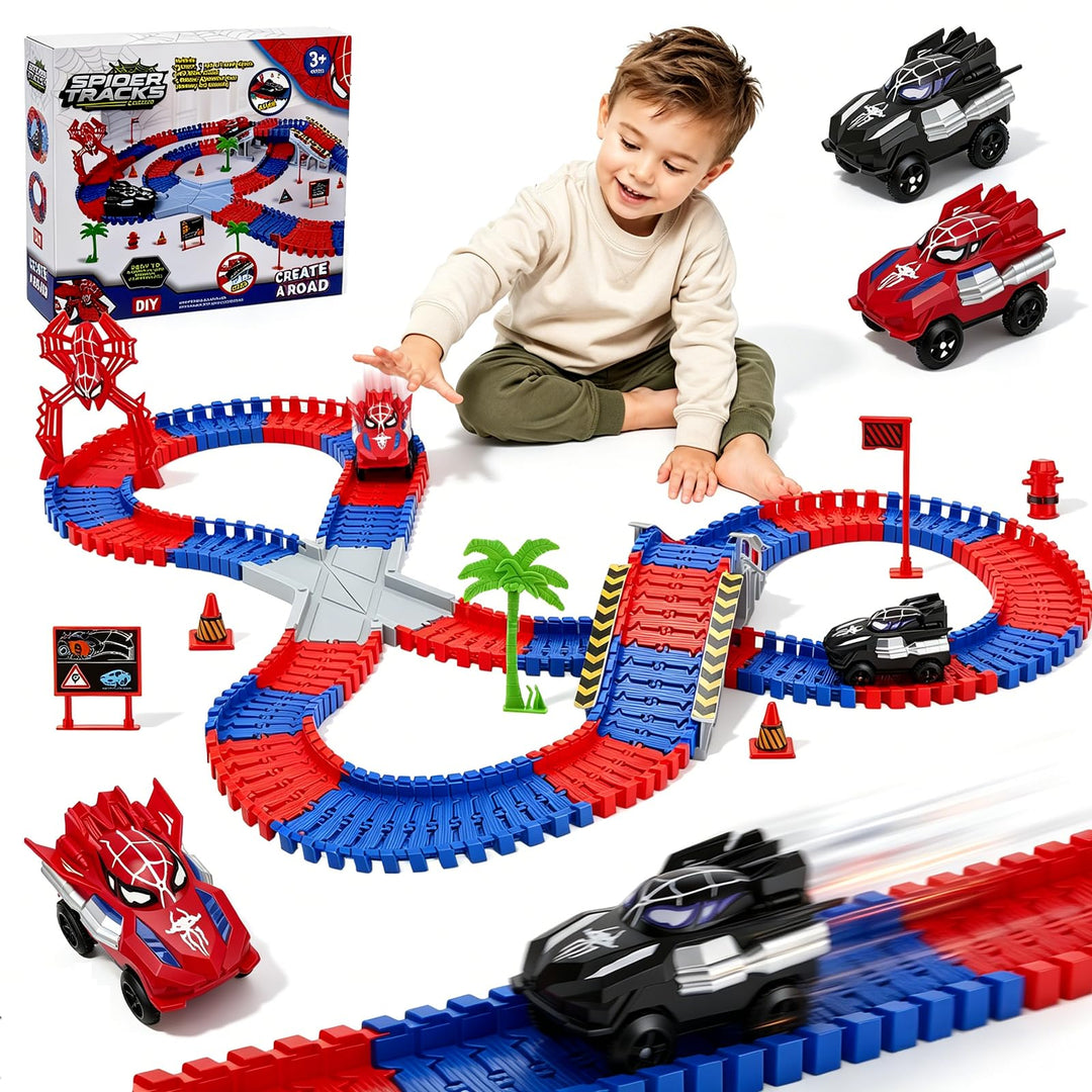 Spider Autorennbahn Set mit 2 Elektroautos, 212PCS Flexibles Auto Rennbahn Spielzeug, Kinder Weihnac