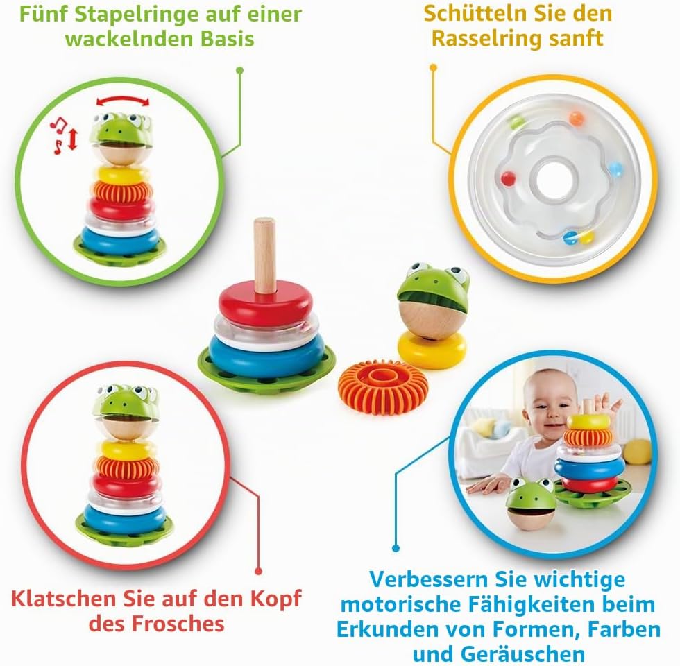 Hape Stapel-Frosch – Stapelspielzeug aus Holz, Farb- und Grössenlernen, Motorikspielzeug für Kleinki
