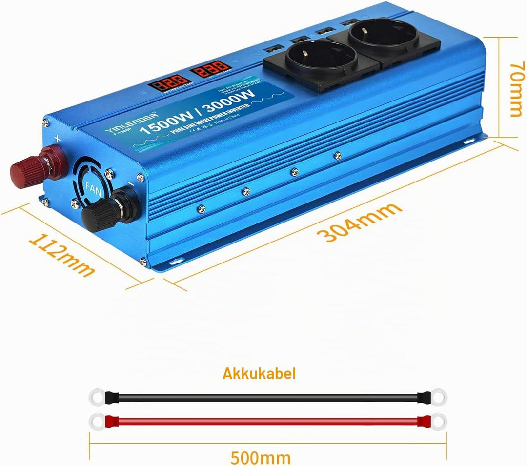 Wechselrichter 1500W 12V 230V Reiner Sinus Spannungswandler mit 2 AC-Steckdose 4 USB 2 LED