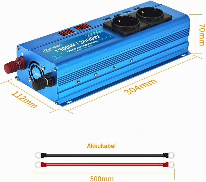 Wechselrichter 1500W 12V 230V Reiner Sinus Spannungswandler mit 2 AC-Steckdose 4 USB 2 LED