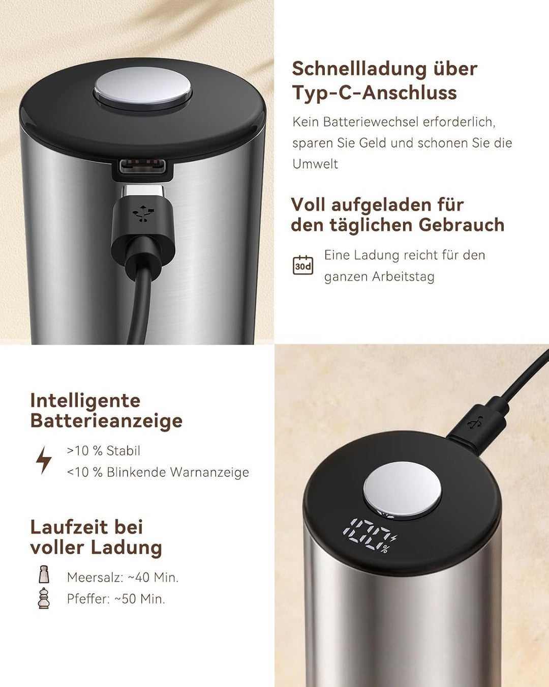 TOMEEM Elektrisches Salz- und Pfeffermühlen-Set, Type-C wiederaufladbar, LED-Akkuanzeige, Edelstahl-