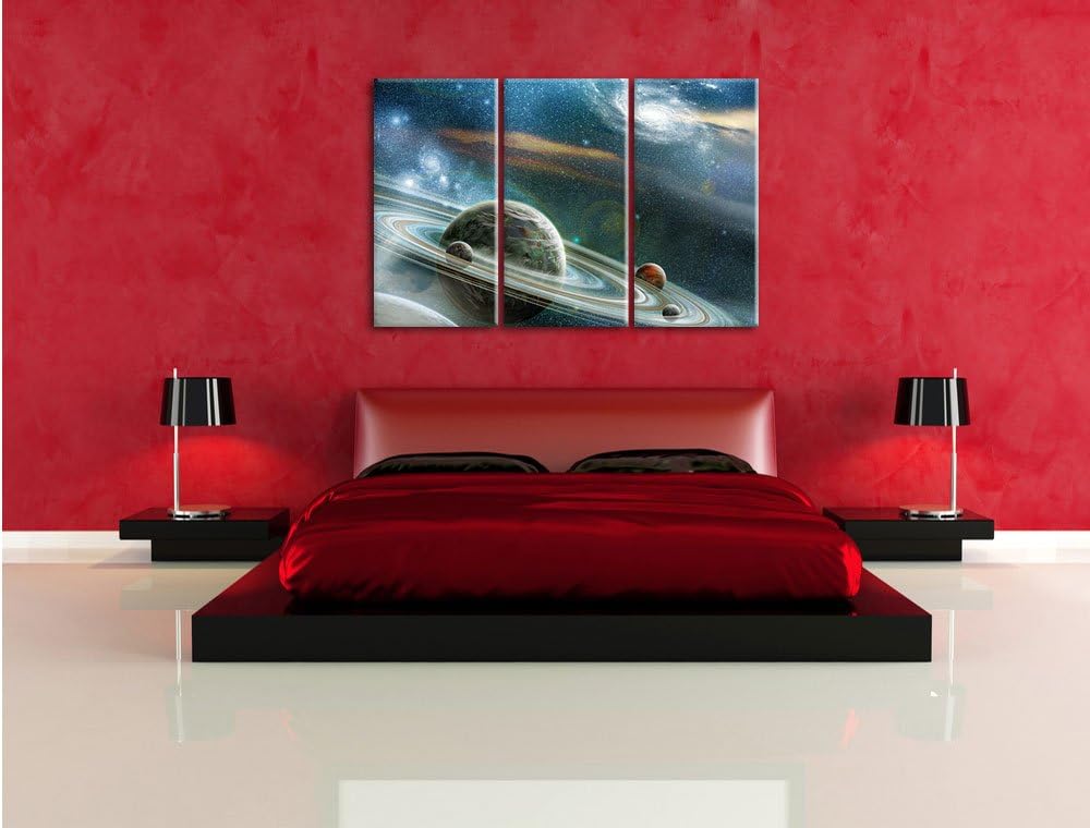 Pixxprint Planet mit Ringsystem / 3-Teilig/Gesamtmass 120cm Leinwandbild bespannt auf Holzrahmen/Wan