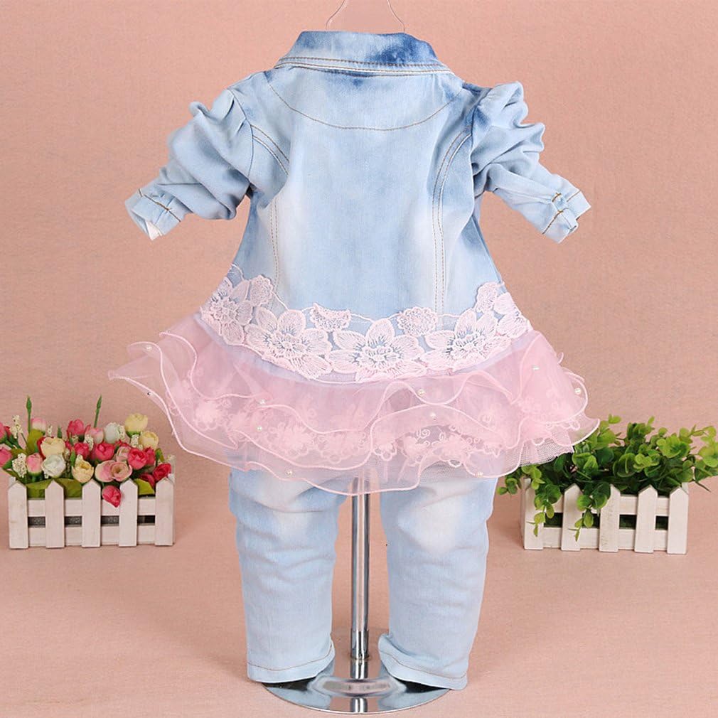 Yao Baby kleidung,Baby Mädchen Kleidungsset 3tlg Button-Stil Jeansjacke gestickte langarm T-Shirt un
