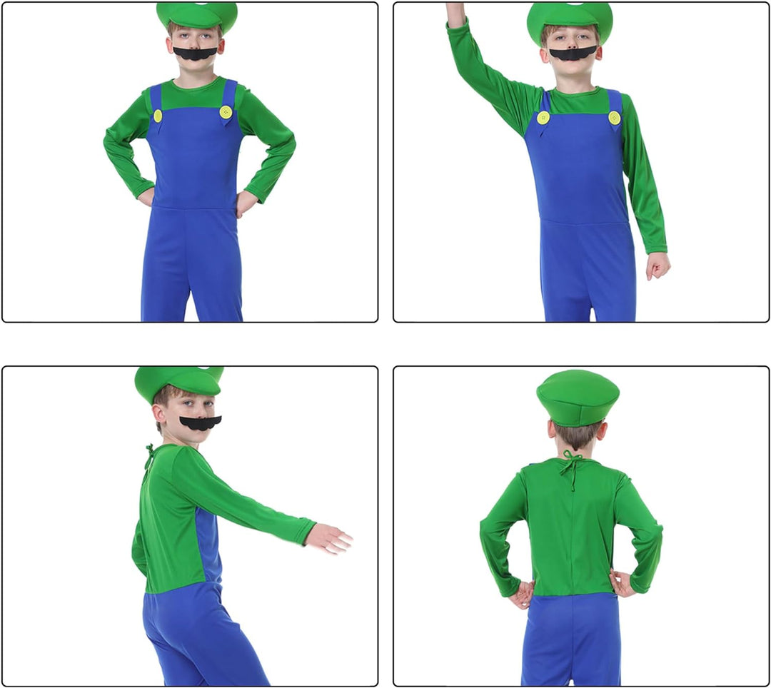 VISVIC Cosplay Kostüm Super Brothers Klempner, Kostüm mit Bodysuit, Cap und Schnurrbart, Karneval Ha