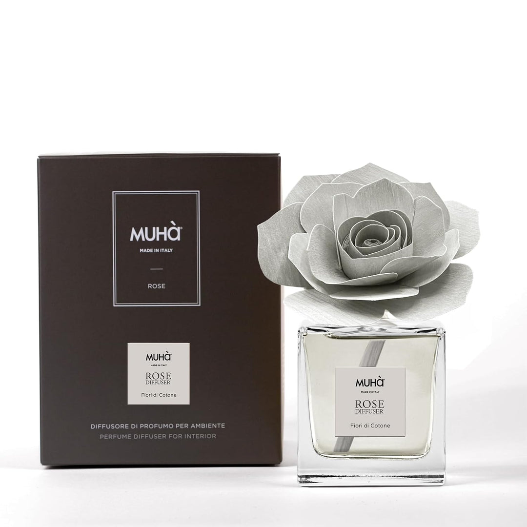 MUHA' | Raumduft Rosa Diffuser, Duft Blumen aus Baumwolle, Raumdiffusor mit Rose aus Birkenholz, For