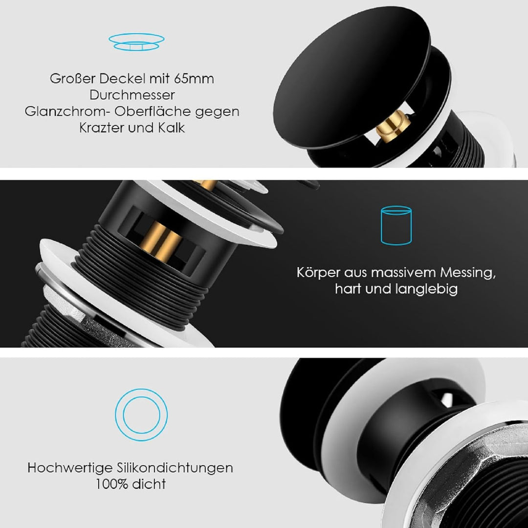 Wasserrhythm Universal Siphon mit Ablaufgarnitur für Waschbecken und Waschschalen mit Überlauf, Pop