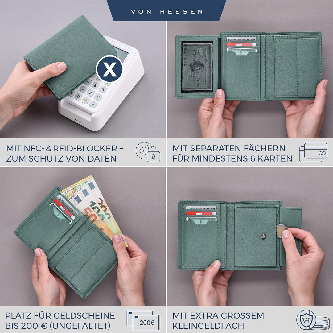 VON HEESEN Leder Geldbörse RFID Schutz I Echtleder Geldbeutel für Damen &amp; Herren I Portemonnaie Brie