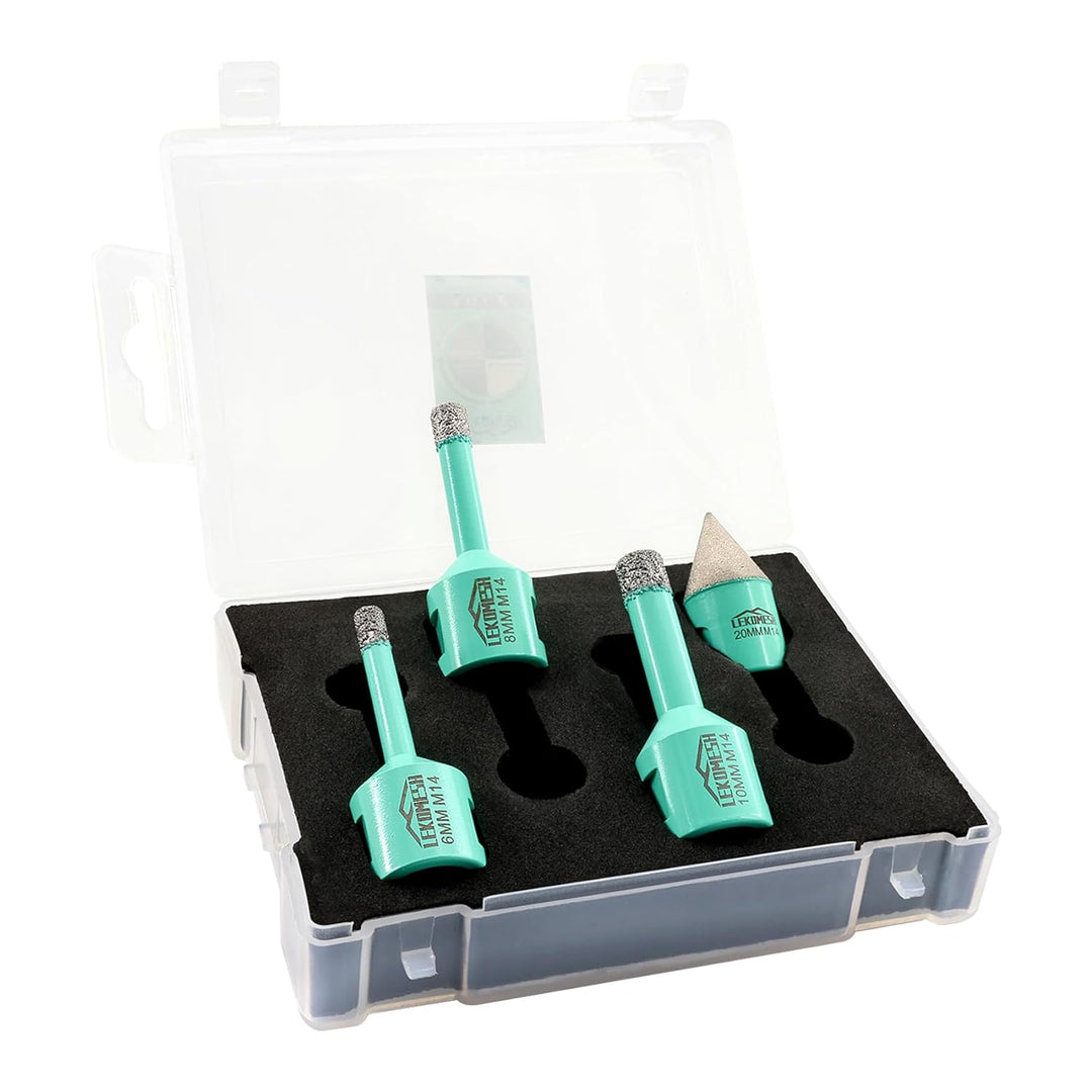 Diamant Bohrkrone Kit - 4 Stück (6/8/10mm+20mm Diamant Fasenfräser) LEKOMESH Diamant Lochsäge mit Pl
