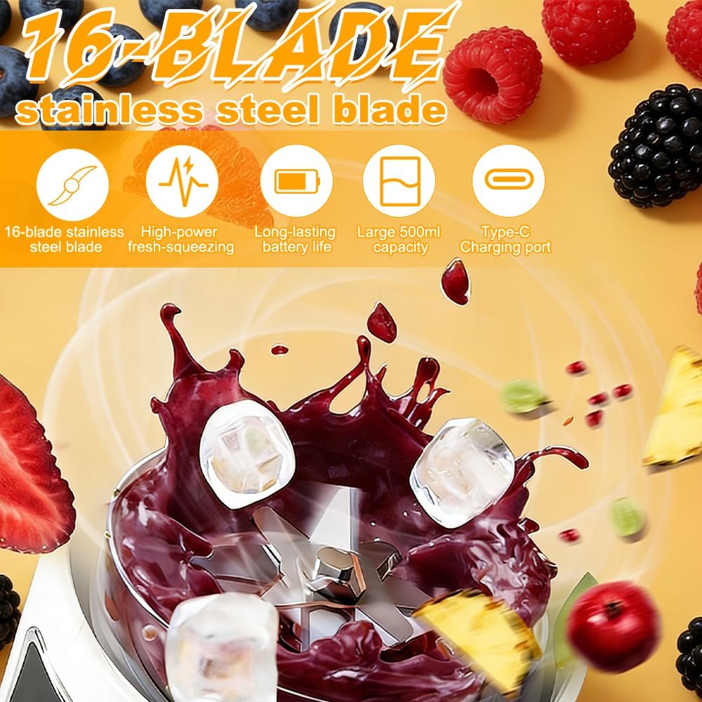 Tragbarer Mixer, 500ML Mixer Smoothie Maker to Go mit Ersatzbecher, USB Wiederaufladbar Portable Ble
