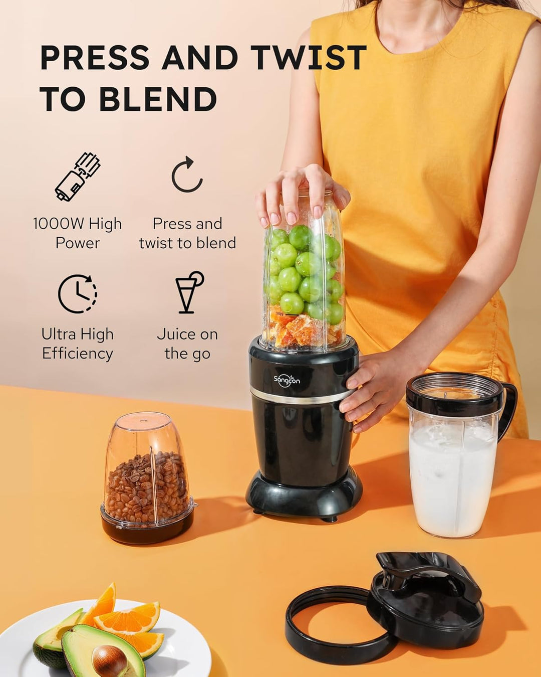 Sangcon 1000 W Mixer für Smoothies, Mixer für die Küche mit 3 Tassen + 2 Auslaufabdeckungen + 1 Aufb