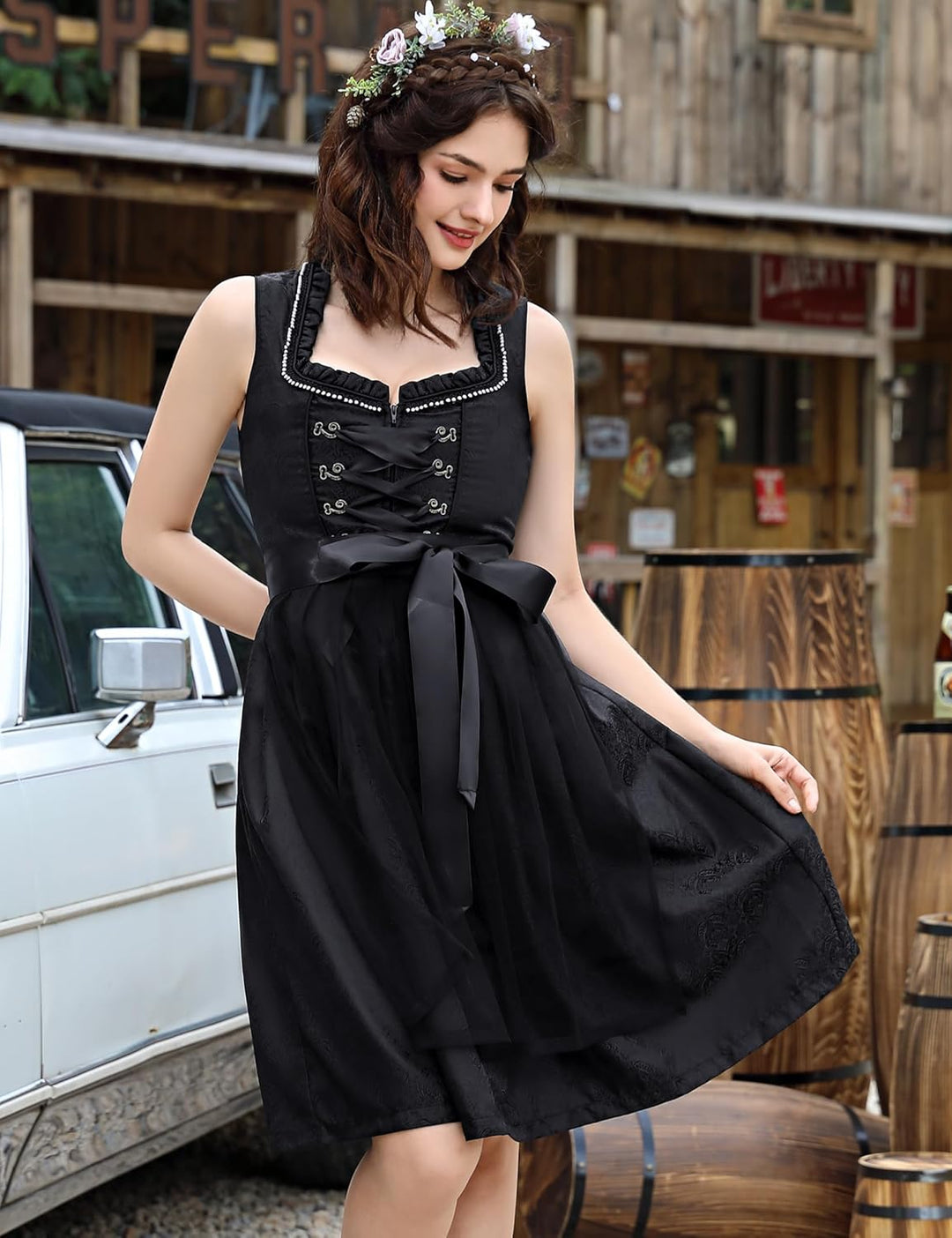 KOJOOIN Trachtenkleid Dirndl Kurz Damen Mid mit Spitzenschürze 2tlg. für Oktoberfest von Gr 34 bis 4