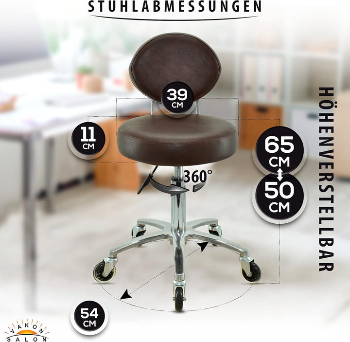 Premium Rollhocker braun mit ovaler Lehne höhenverstellbar von 50 bis 65 cm - Rundsitz- Drehhocker A