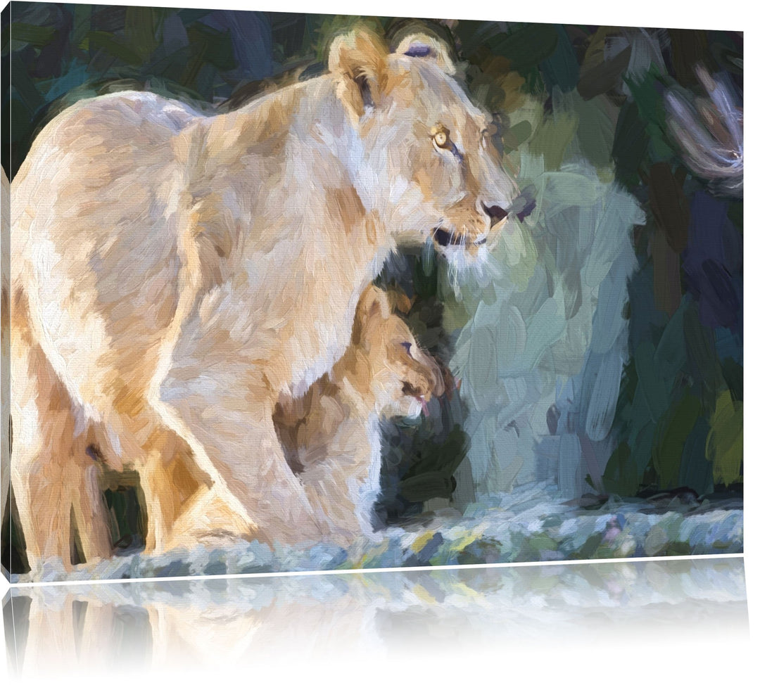 Löwenmutter mit Jungtier Deluxe Format: 100x70 cm auf Leinwand, XXL riesige Bilder fertig gerahmt mi