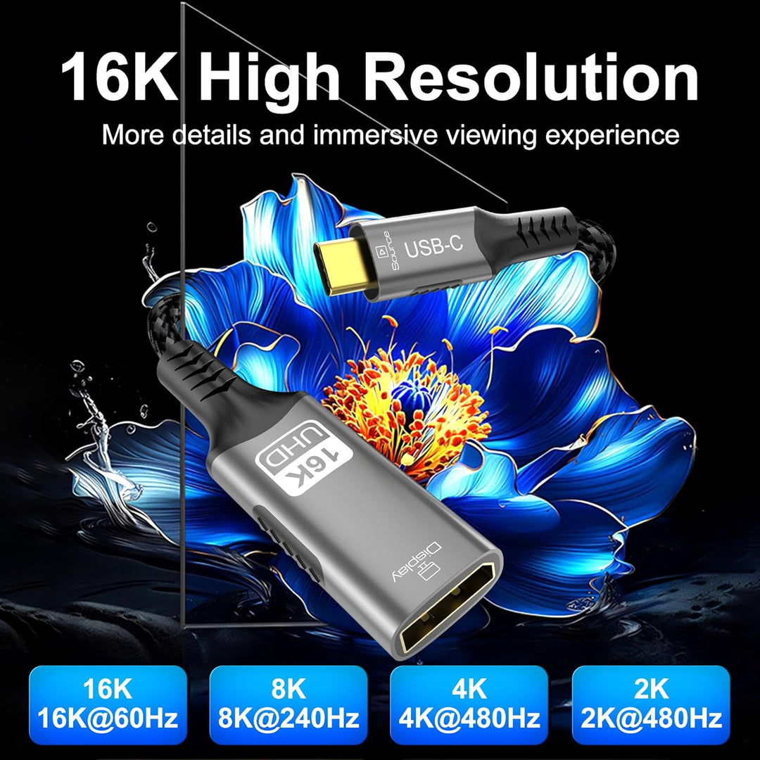 USB C auf DisplayPort 2.1 Adapterkabel, 16K @ 60Hz, 8K @ 120Hz, 48-Bit Farbtiefe 80 Gbit/s, Thunderb