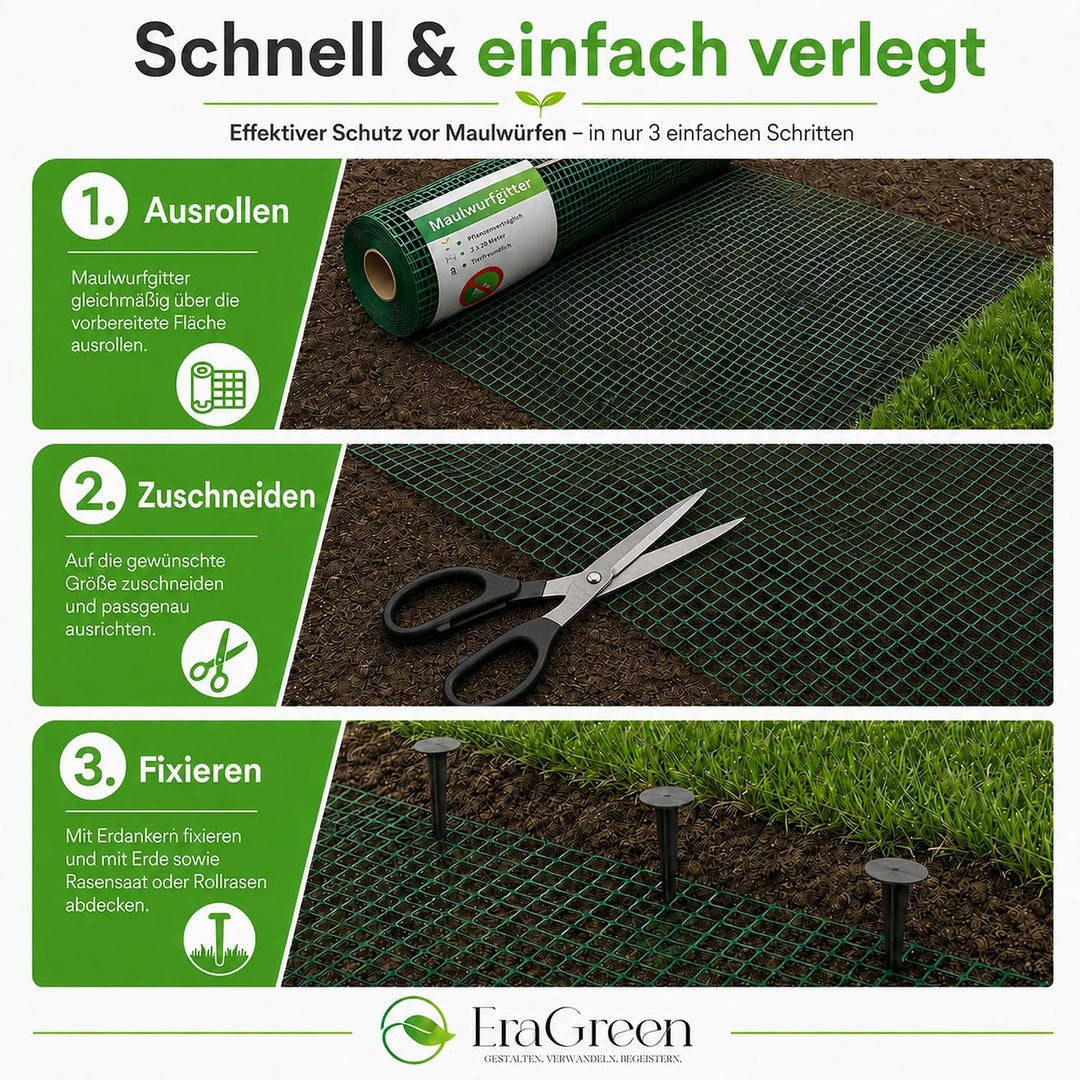 EraGreen® Maulwurfgitter 80 m x 1,2 m Breite Inklusive 80 Erdanker GRATIS - Maulwurfschutz für Rollr