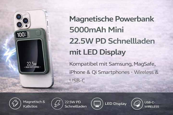 Magnetische Powerbank 5000mAh Mini 22.5W PD Schnellladen mit LED Display – kompatibel mit Samsung, M