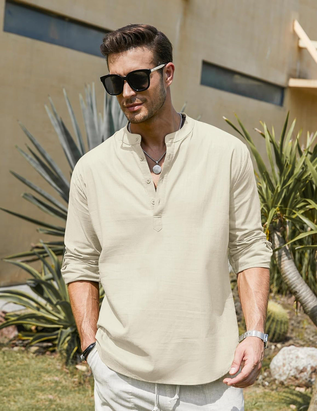 COOFANDY Hemd Herren Langarm Leinenhemd Baumwolle Henley Shirt Casual Regular Fit Sommerhemd M Beige