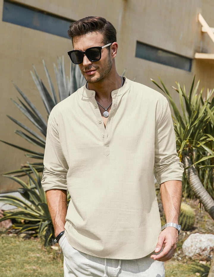 COOFANDY Hemd Herren Langarm Leinenhemd Baumwolle Henley Shirt Casual Regular Fit Sommerhemd M Beige