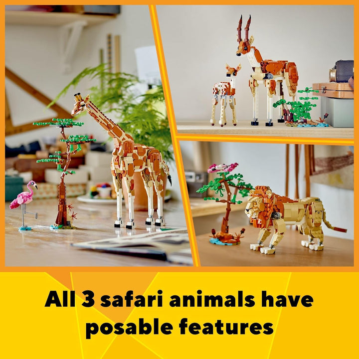 LEGO Creator 3in1 Tiersafari, Kreativ-Set mit Tierfiguren, Spielzeug-Giraffe, Gazellen und Löwe, Spi