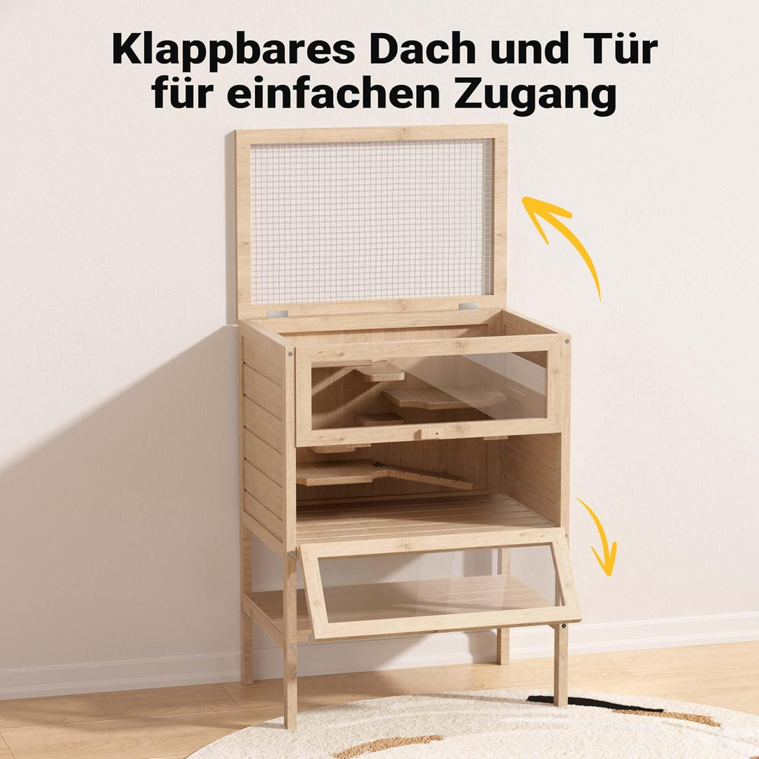 Wiltec 3 Etagen Nagerkäfig, 600 x 400 x 800 mm, aus Holz, mit klappbarem Deckel & Sichtfenster, Klei