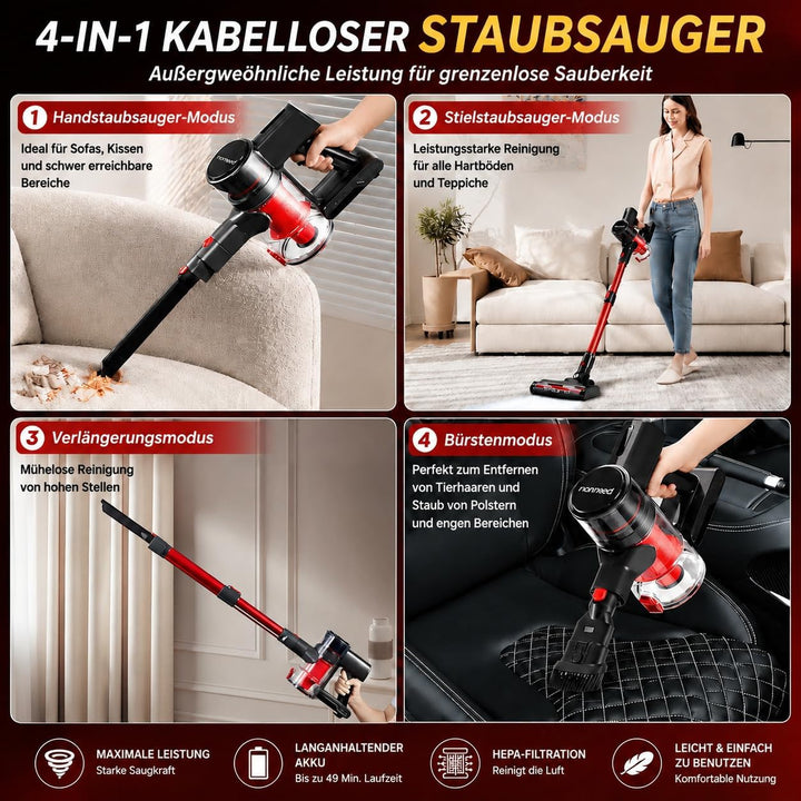 Kabelloser Staubsauger Einziehbarer 4-in-1 LED Akku Staubsauger 2-Stufen Anti-Tangle kabelloser Saug