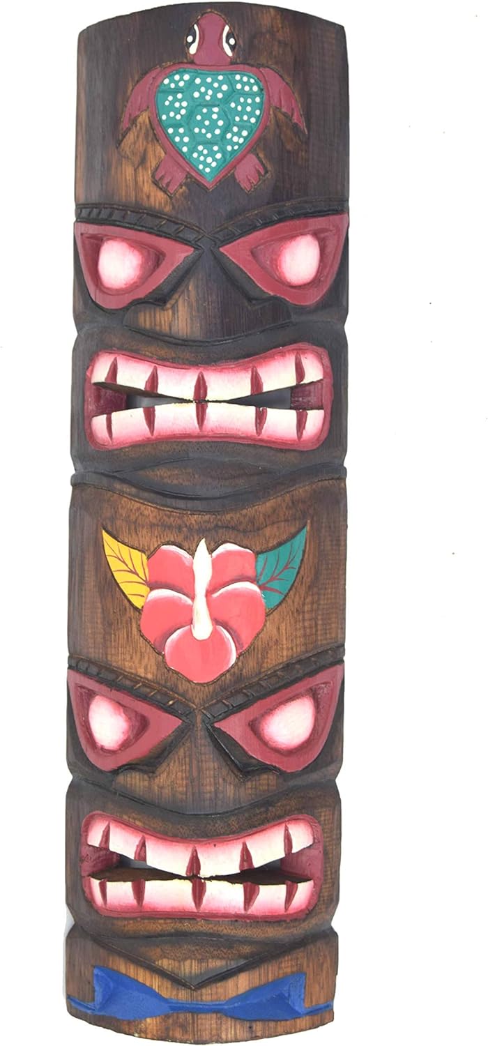 Interlifestyle 3 Tiki Totem Masken 50cm im Hawaii Style 3er Set Holzmaske Wandmaske Blumen Schildkrö