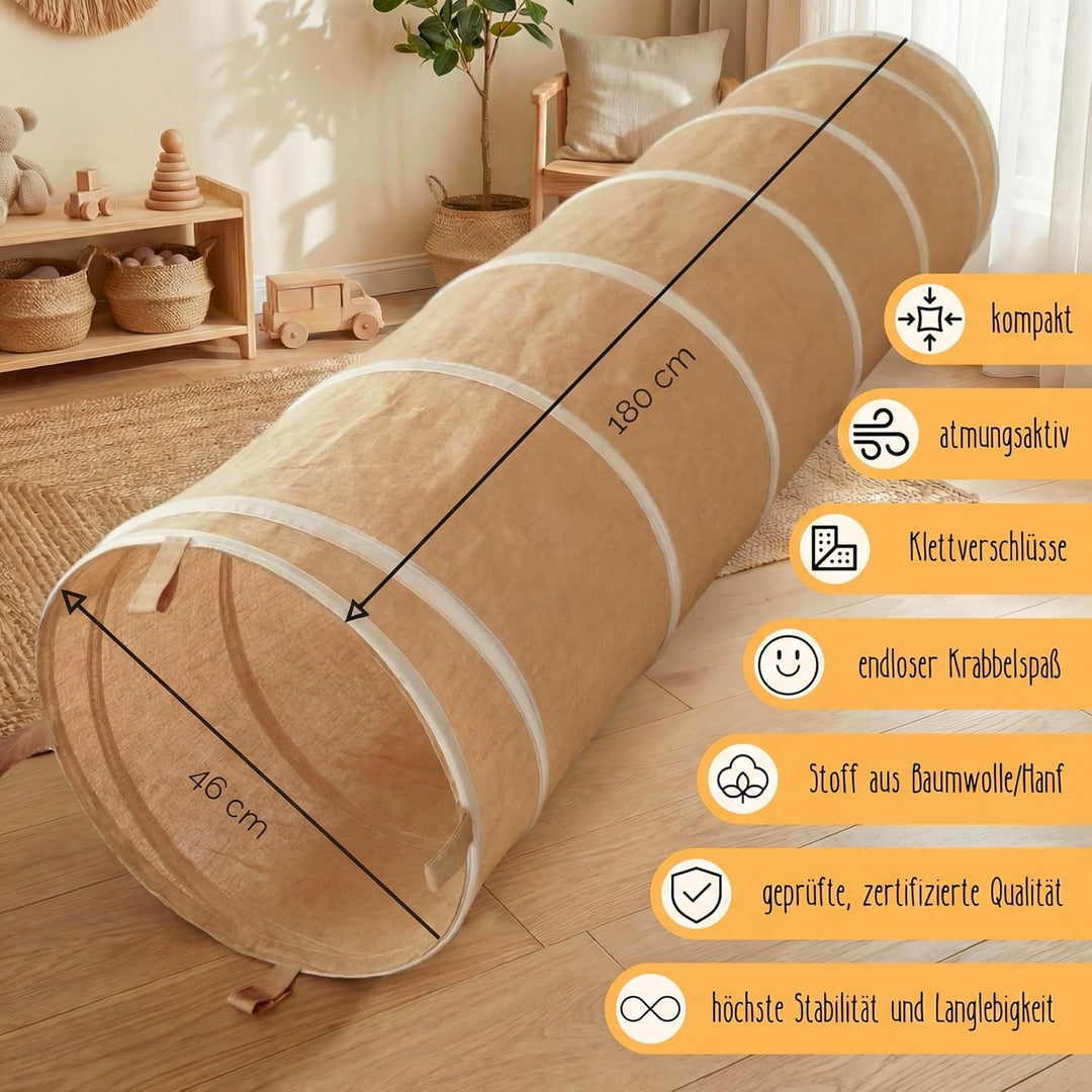 Spieltunnel für Kinder aus Baumwolle/Hanf mit Klettverschlüssen [180cm x 46cm] Krabbeltunnel für Bab