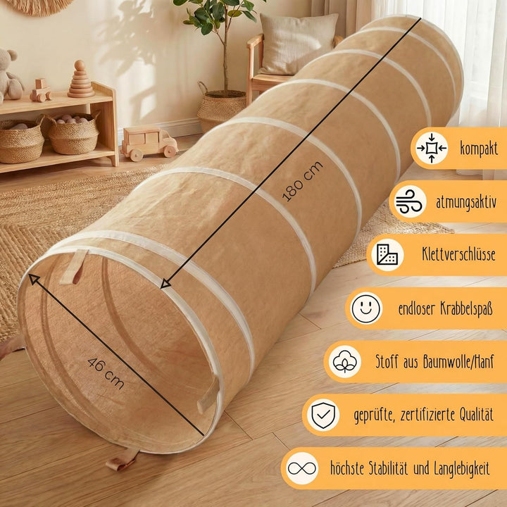 Spieltunnel für Kinder aus Baumwolle/Hanf mit Klettverschlüssen [180cm x 46cm] Krabbeltunnel für Bab