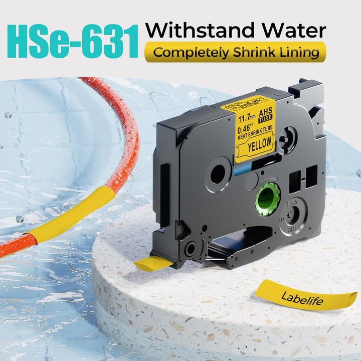 HSe631 Kompatible mit Brother Ptouch Schrumpfschlauch 11.7mm Gelb Schwarz auf Gelb 11.7mm x 1.5m 3,