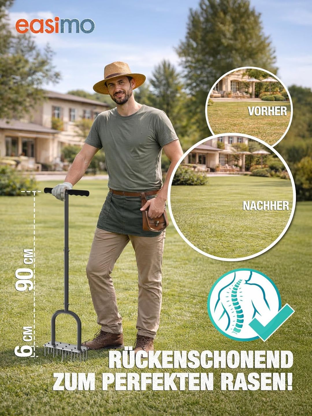 Rasenbelüfter mit T-Griff | Aerifizierer & Rasenlüfter Manuell mit 15 Stahlspikes | Rasen Aerator zu