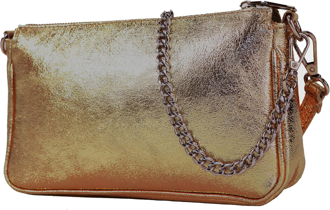 modamoda de - T237 - Umhängetasche Klein Small aus ital. Leder Altgold-metallic, Altgold-metallic