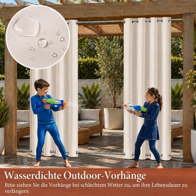 Rosnek Outdoor Vorhang Wetterfest Winddicht, Balkon Gardinen mit Ösen Oben & Unten, Blickdicht Wasse