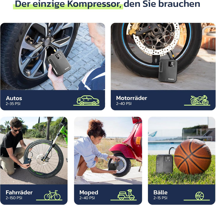 Woowind Akku Kompressor, Elektrische Luftpumpe Auto und Fahrradpumpe elektrisch, 150 PSI, inkl. Pres
