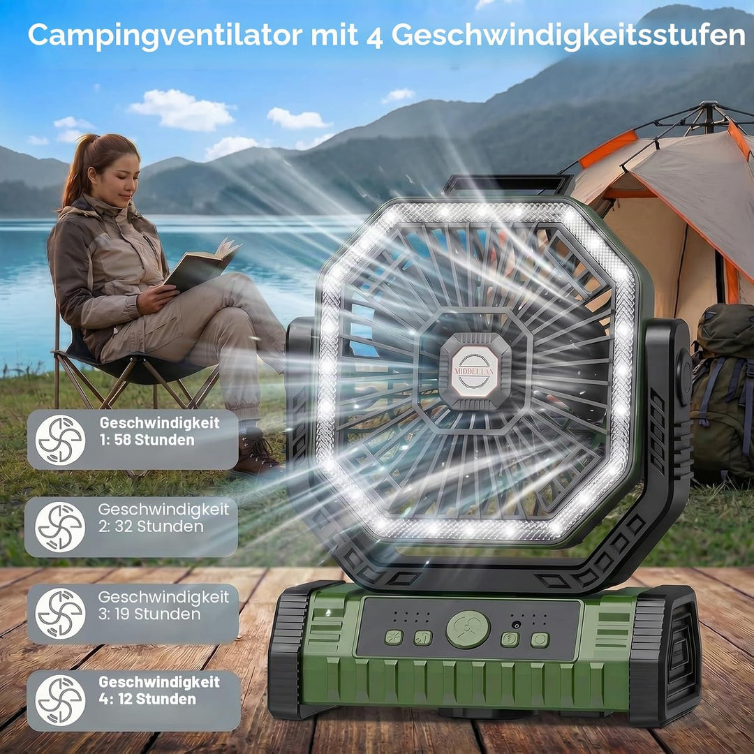 Vxoyo 20000mAh camping ventilator mit Licht, 4 Stufen, Akku-Zeltlüfter mit FB &amp; Haken, 8h Timer, Ebe