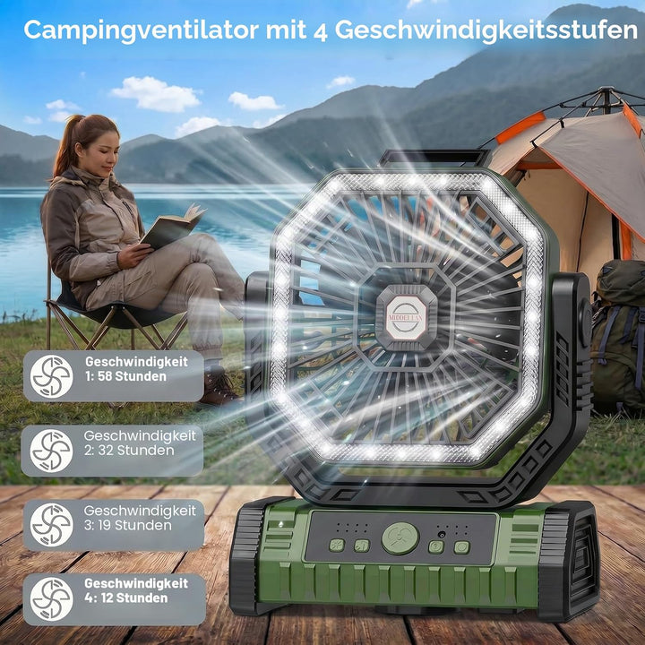 Vxoyo 20000mAh camping ventilator mit Licht, 4 Stufen, Akku-Zeltlüfter mit FB &amp; Haken, 8h Timer, Ebe