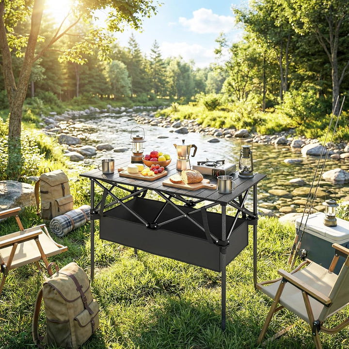 Outsunny Campingtisch Klapptisch mit Netzfach, Tragetasche, Gartentisch aus Aluminium Falttisch Beis
