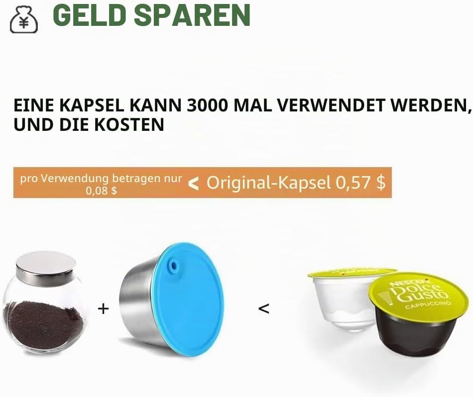 i Cafilas Wiederbefüllbare Kaffeekapsel für Dolce Gusto, Edelstahl Nachfüllbare Kapsel mit 1 löffel