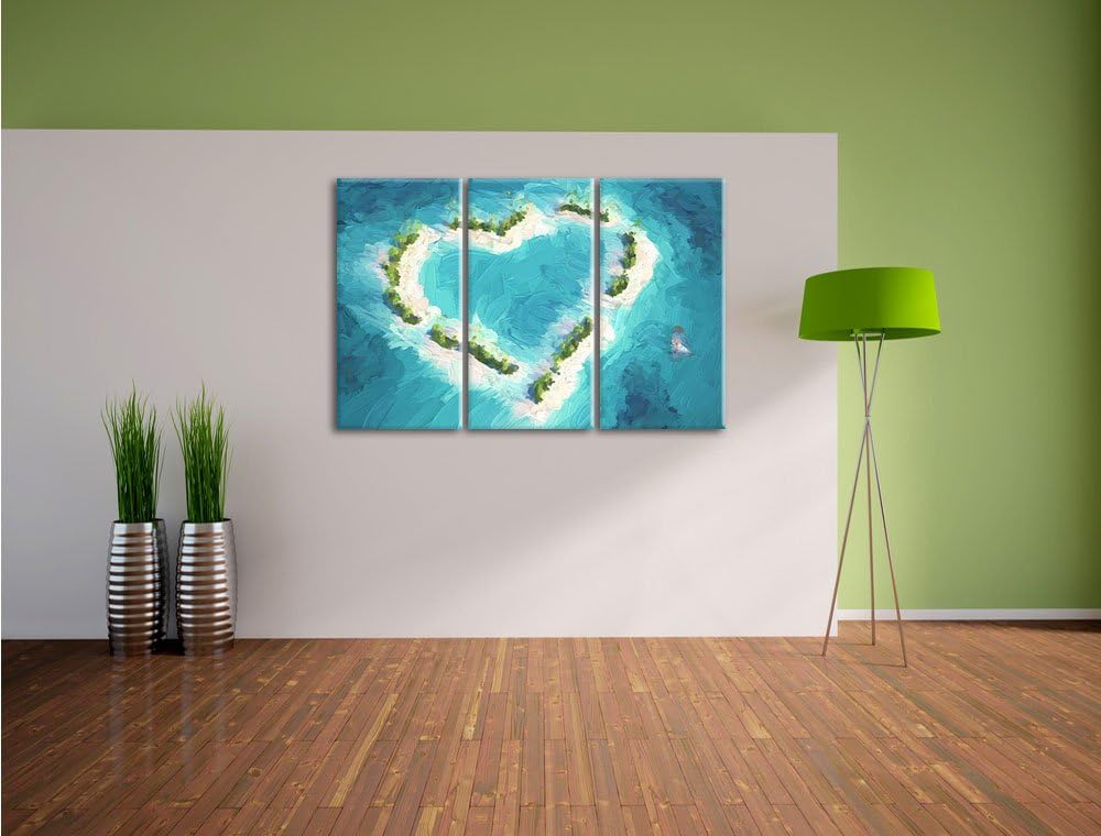 Pixxprint Herz geformt aus Inseln / 3-Teilig/Gesamtmass 120cm Leinwandbild bespannt auf Holzrahmen/W
